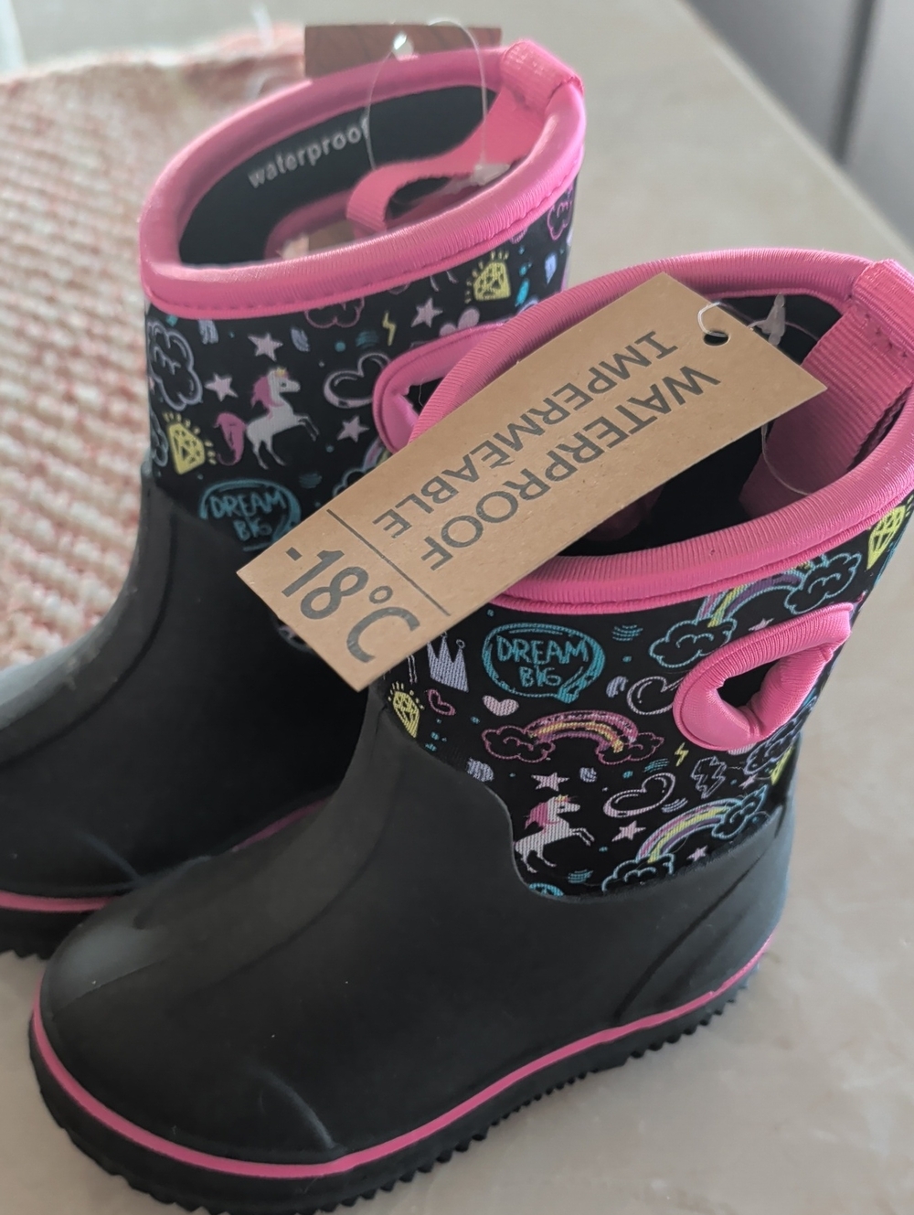 Waterproof Kids Black & Pink Unicorn Winter Boots